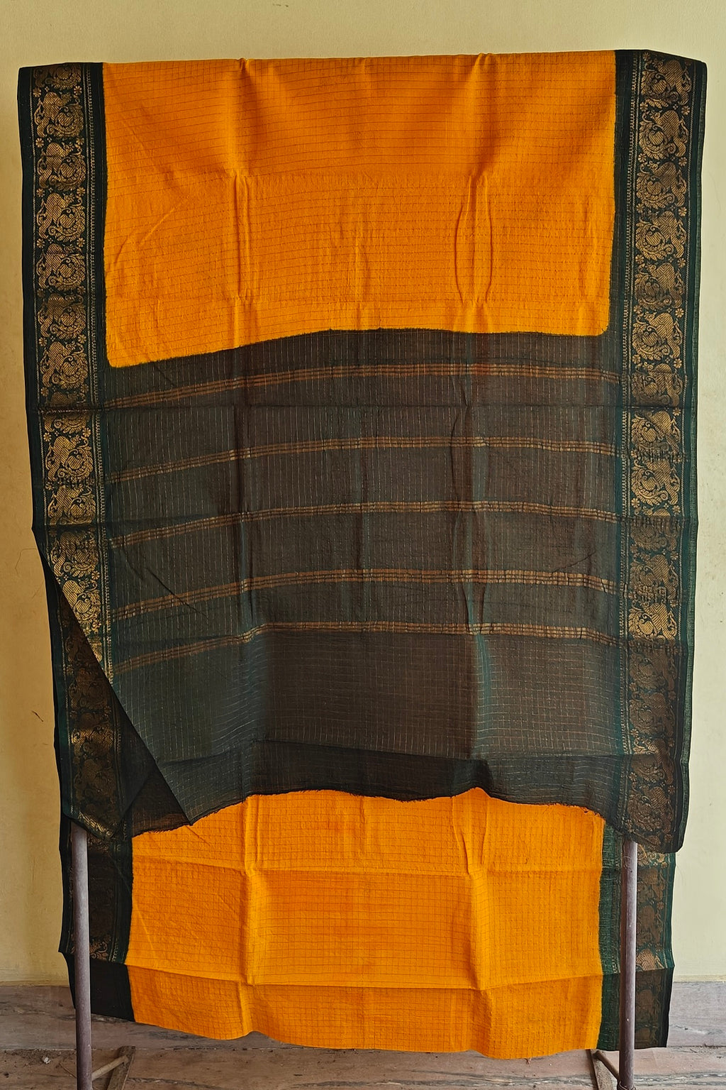 Madurai Sungudi Cotton Saree : Mustard Yellow and Dark Green