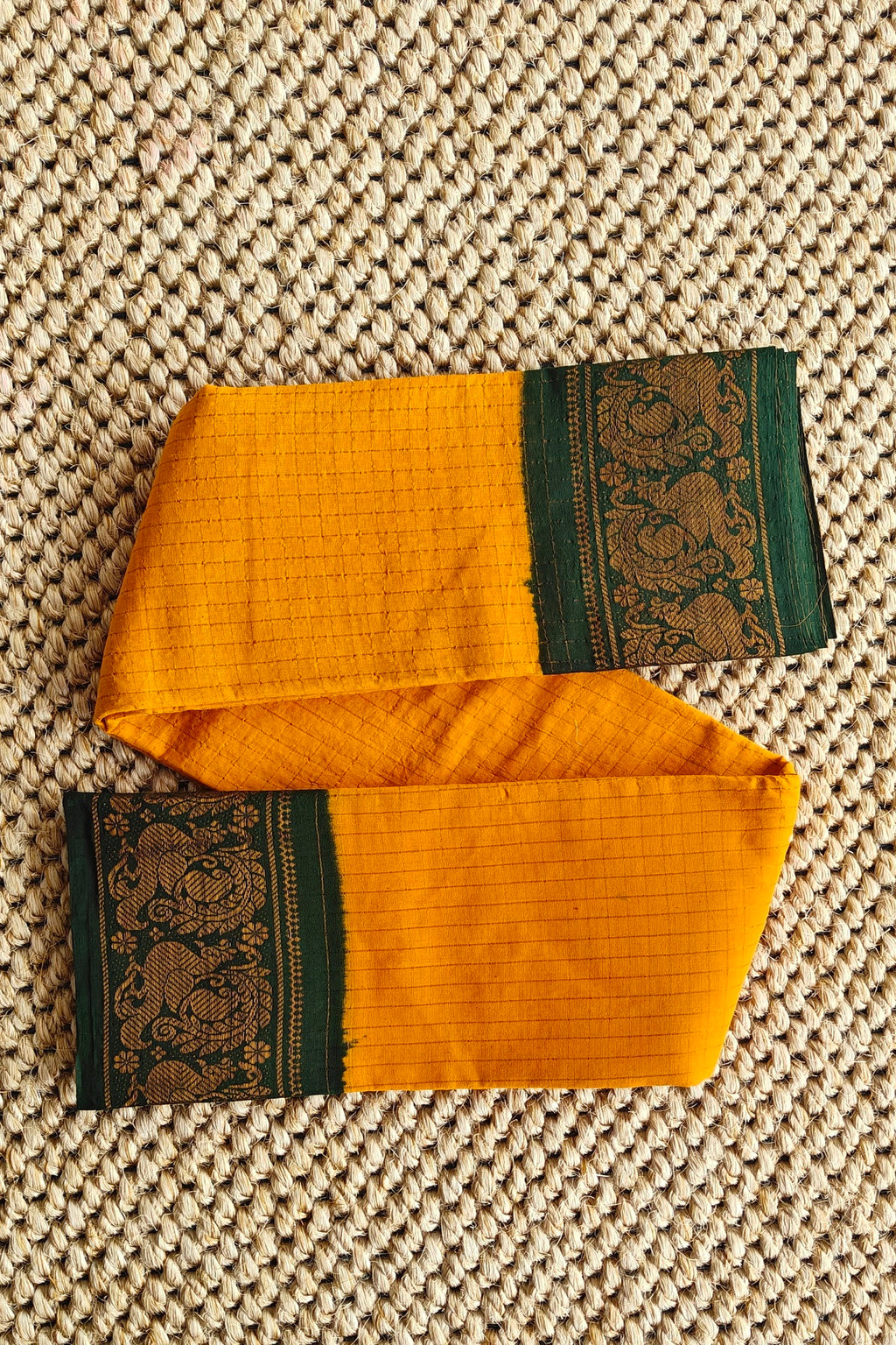 Madurai Sungudi Cotton Saree : Mustard Yellow and Dark Green