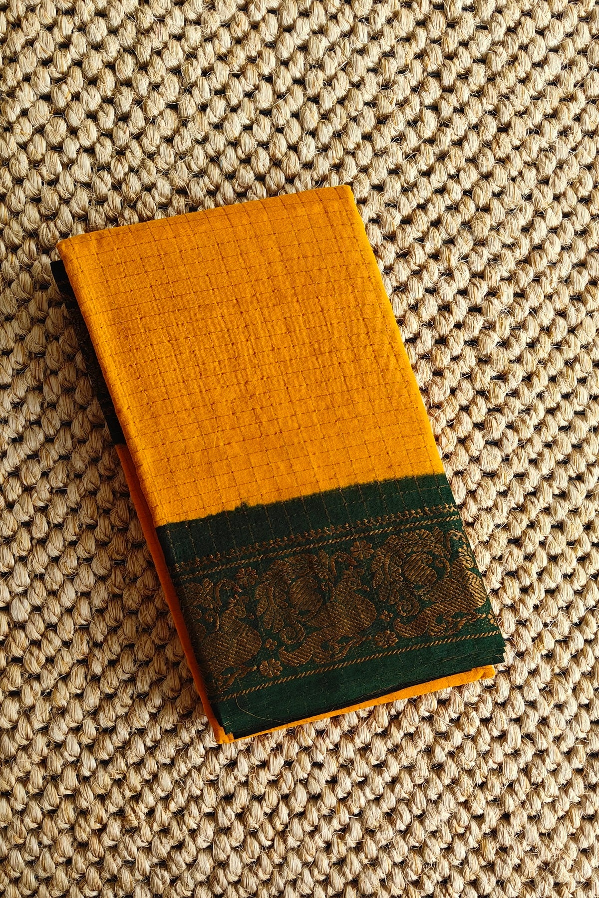 Madurai Sungudi Cotton Saree : Mustard Yellow and Dark Green