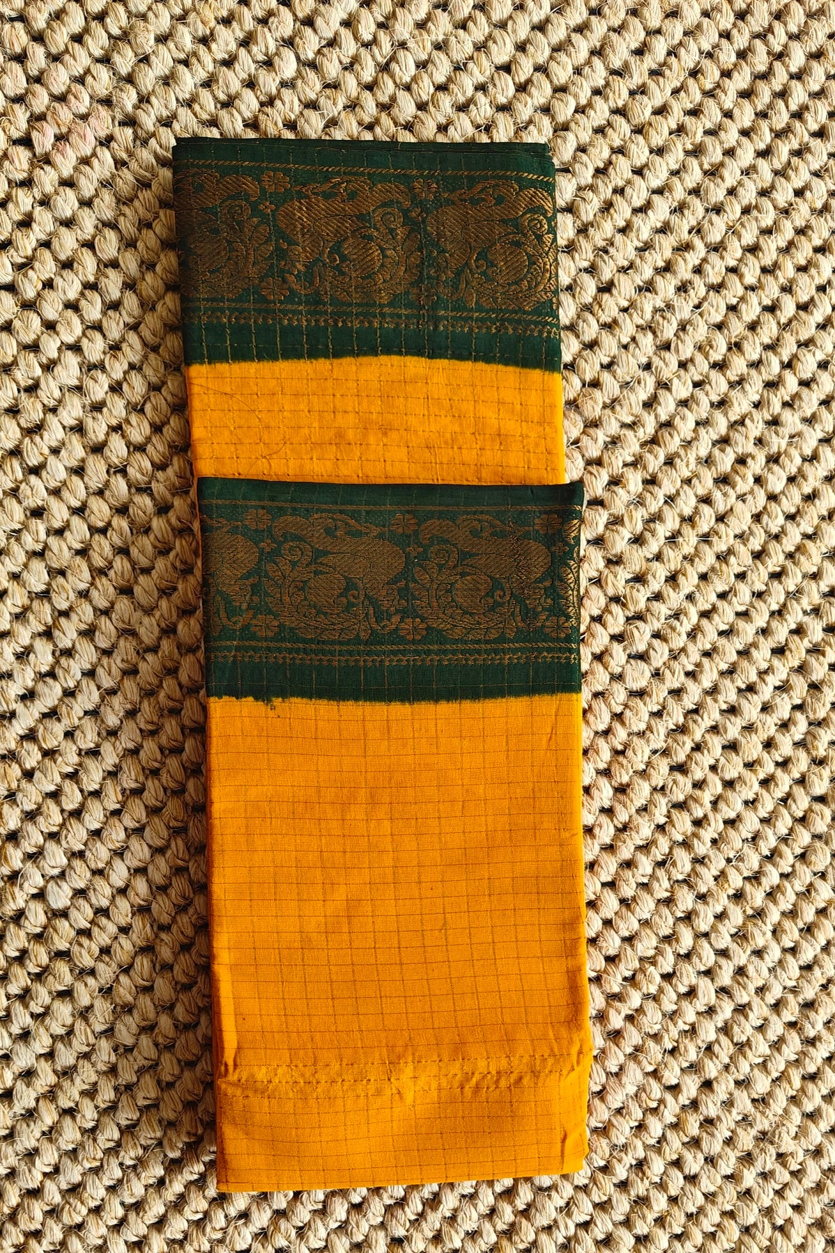 Madurai Sungudi Cotton Saree : Mustard Yellow and Dark Green
